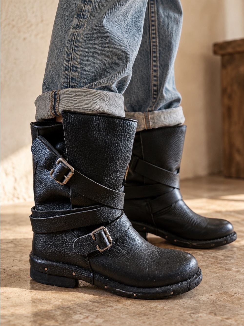 Chinese Laundry Easy Peasy Black Leather Moto Mid-Calf Boots Size 9M